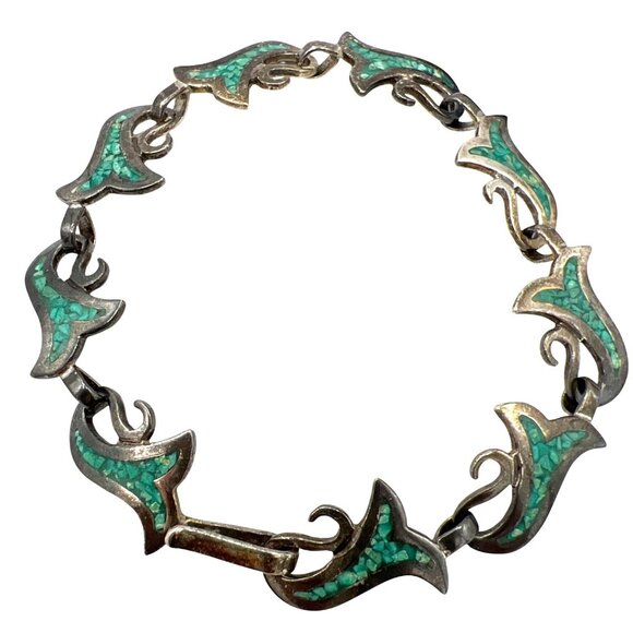 Vtg Taxco Mexican 925 Silver Crushed Turquoise Inlay Section Bracelet 7.5" SW - Picture 1 of 10